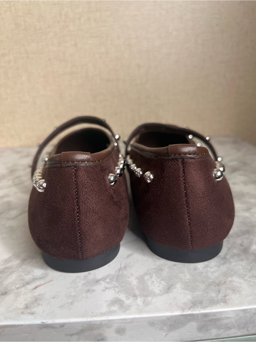 Olivia & Kate Studded Mary Jane Flats in a dark brown faux-suede finish - Picture 5 of 8